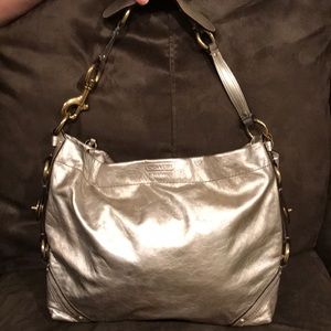 Silver Leather Coach Purse with Gold Detailing